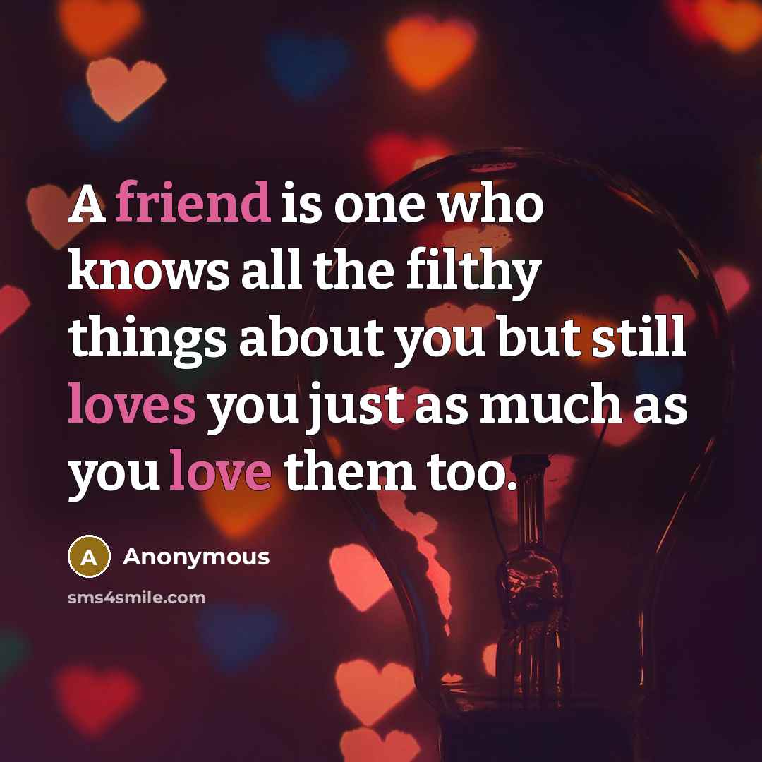 “A friend is one who knows all the filthy things about you but still loves you just as much as you love them too.” quote by Anonymous