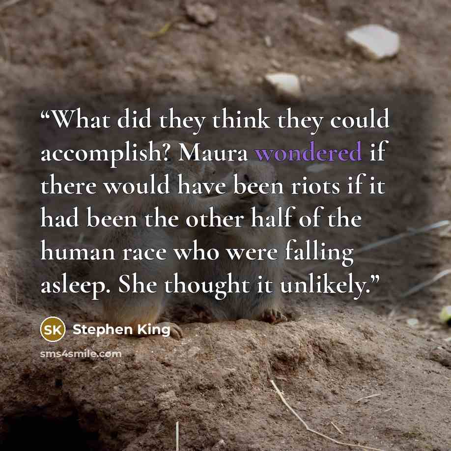 “What did they think they could accomplish? Maura wondered if there would have been riots if it had been the other half of the human race who were falling asleep. She thought it unlikely.” quote by Stephen King