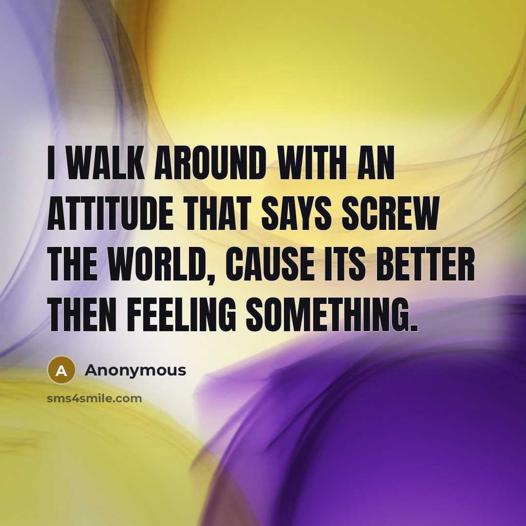 “I walk around with an attitude that says screw the world, cause its better then feeling something.” quote by Anonymous