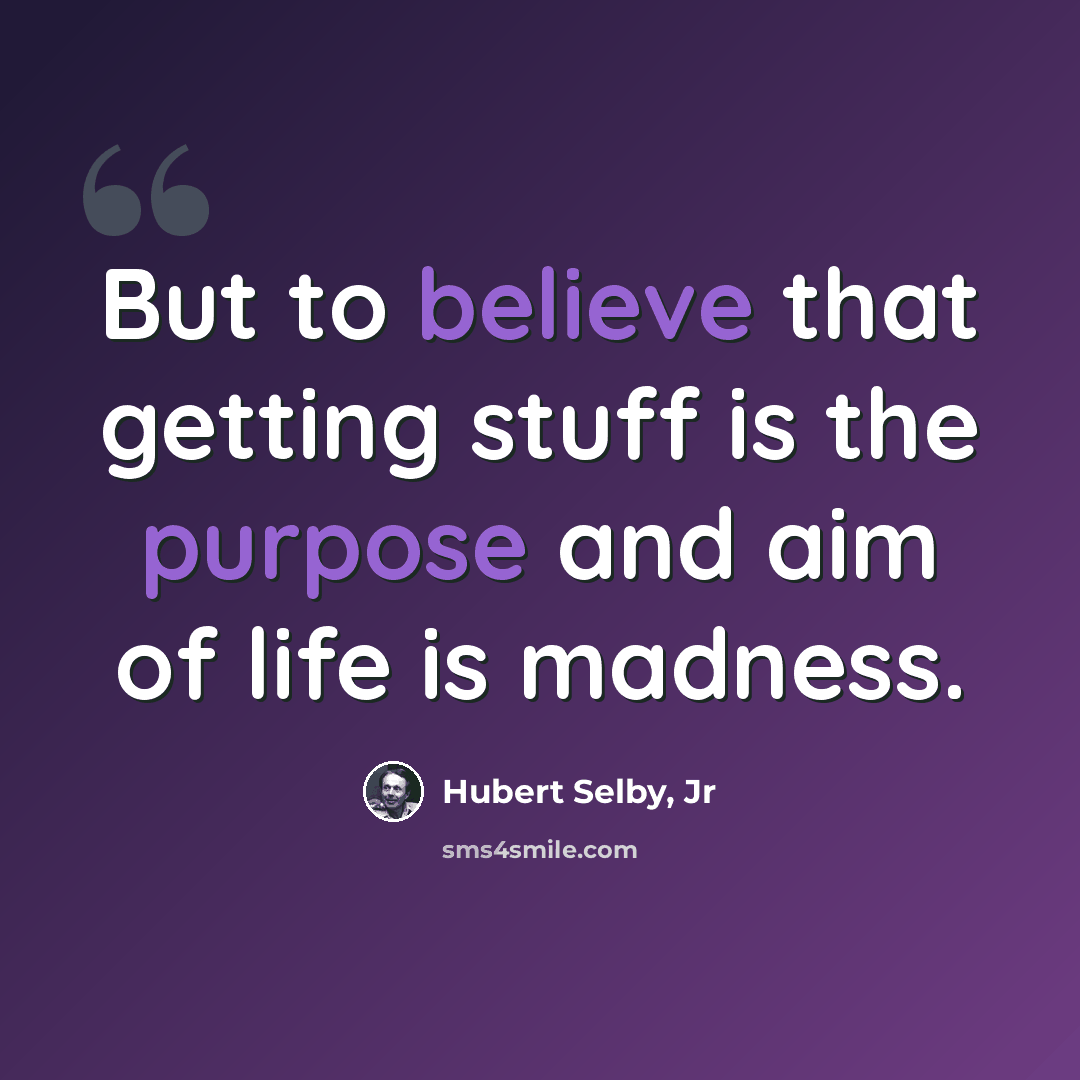 “But to believe that getting stuff is the purpose and aim of life is madness.” quote by Hubert Selby, Jr