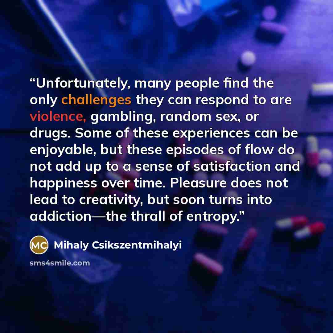 “Unfortunately, many people find the only challenges they can respond to are violence, gambling, random sex, or drugs. Some of these experiences can be enjoyable, but these episodes of flow do not add up to a sense of satisfaction and happiness over time. Pleasure does not lead to creativity, but…” quote by Mihaly Csikszentmihalyi