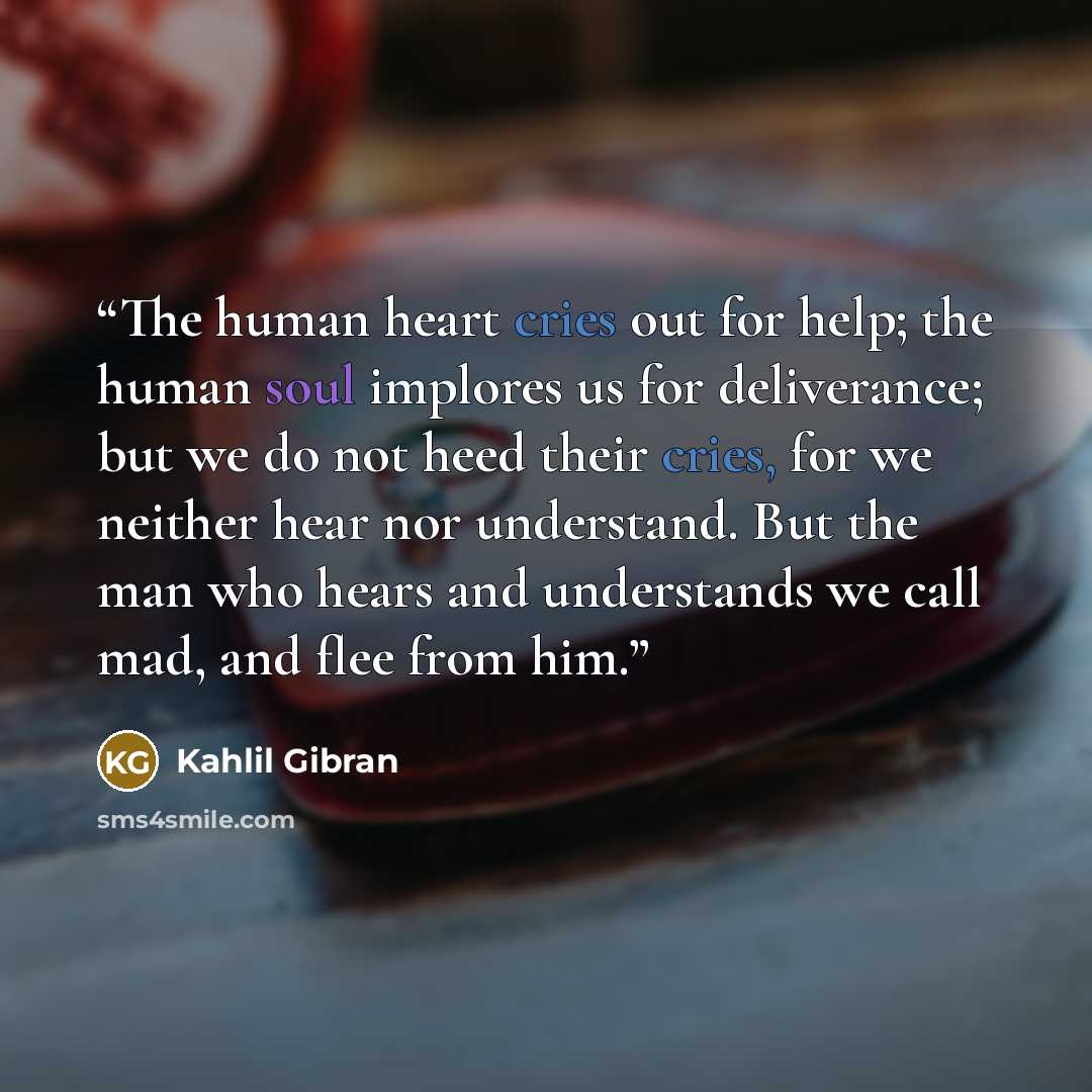 “The human heart cries out for help; the human soul implores us for deliverance; but we do not heed their cries, for we neither hear nor understand. But the man who hears and understands we call mad, and flee from him.” quote by Kahlil Gibran