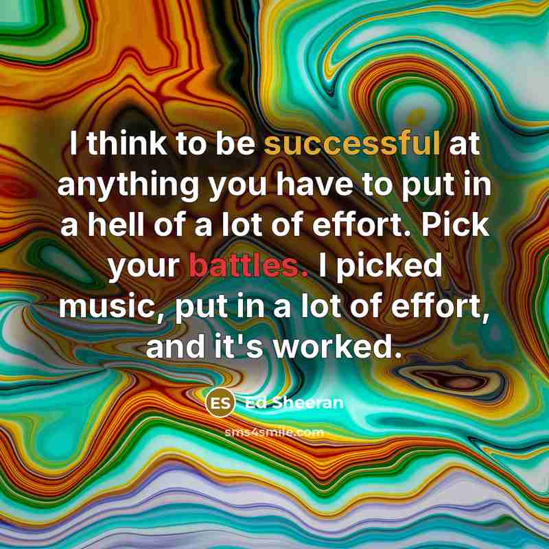“I think to be successful at anything you have to put in a hell of a lot of effort. Pick your battles. I picked music, put in a lot of effort, and it's worked.” quote by Ed Sheeran