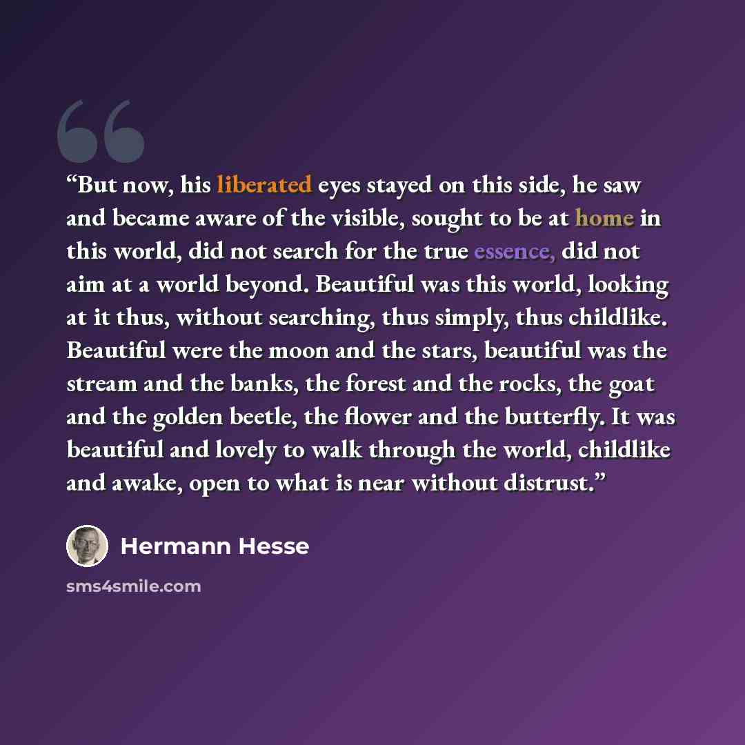 “But now, his liberated eyes stayed on this side, he saw and became aware of the visible, sought to be at home in this world, did not search for the true essence, did not aim at a world beyond. Beautiful was this world, looking at it thus, without searching, thus simply, thus childlike. Beautiful…” quote by Hermann Hesse