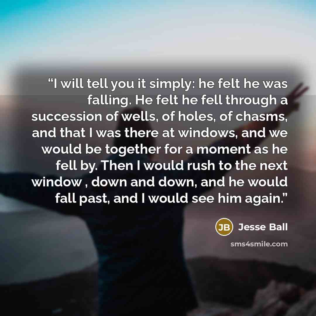 “I will tell you it simply: he felt he was falling. He felt he fell through a succession of wells, of holes, of chasms, and that I was there at windows, and we would be together for a moment as he fell by. Then I would rush to the next window , down and down, and he would fall past, and I would see…” quote by Jesse Ball