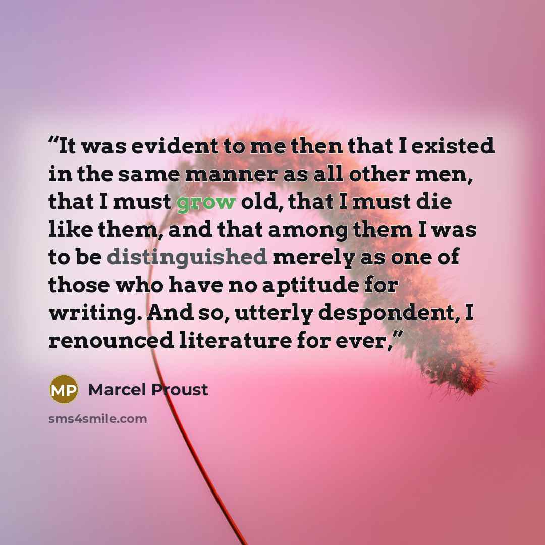 “It was evident to me then that I existed in the same manner as all other men, that I must grow old, that I must die like them, and that among them I was to be distinguished merely as one of those who have no aptitude for writing. And so, utterly despondent, I renounced literature for ever,” quote by Marcel Proust