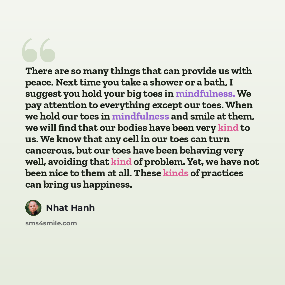 “There are so many things that can provide us with peace. Next time you take a shower or a bath, I suggest you hold your big toes in mindfulness. We pay attention to everything except our toes. When we hold our toes in mindfulness and smile at them, we will find that our bodies have been very kind…” quote by Nhat Hanh