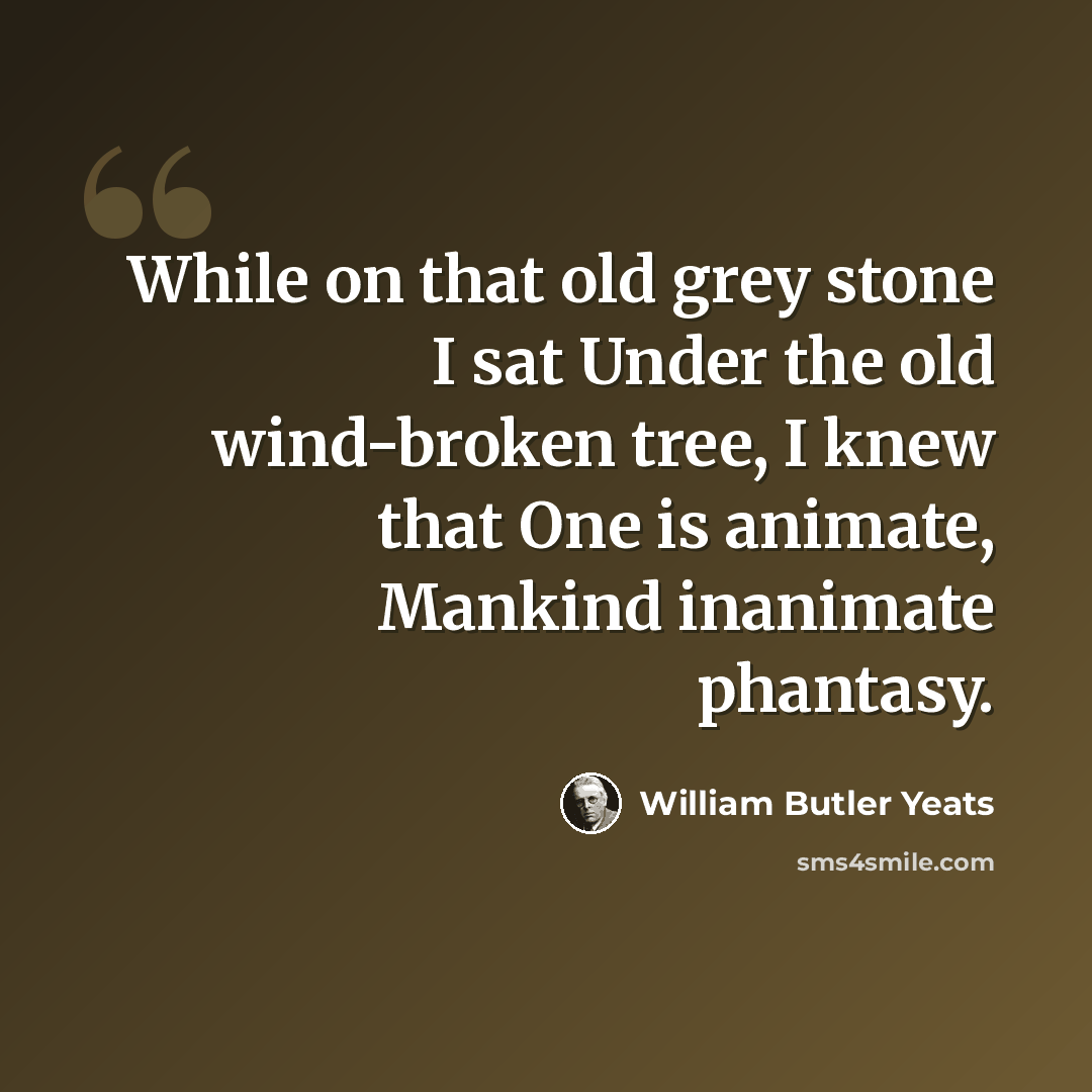 “While on that old grey stone I sat Under the old wind-broken tree, I knew that One is animate, Mankind inanimate phantasy.” quote by William Butler Yeats