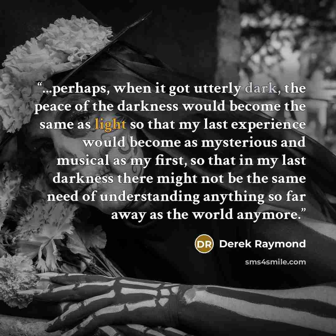 “...perhaps, when it got utterly dark, the peace of the darkness would become the same as light so that my last experience would become as mysterious and musical as my first, so that in my last darkness there might not be the same need of understanding anything so far away as the world anymore.” quote by Derek Raymond