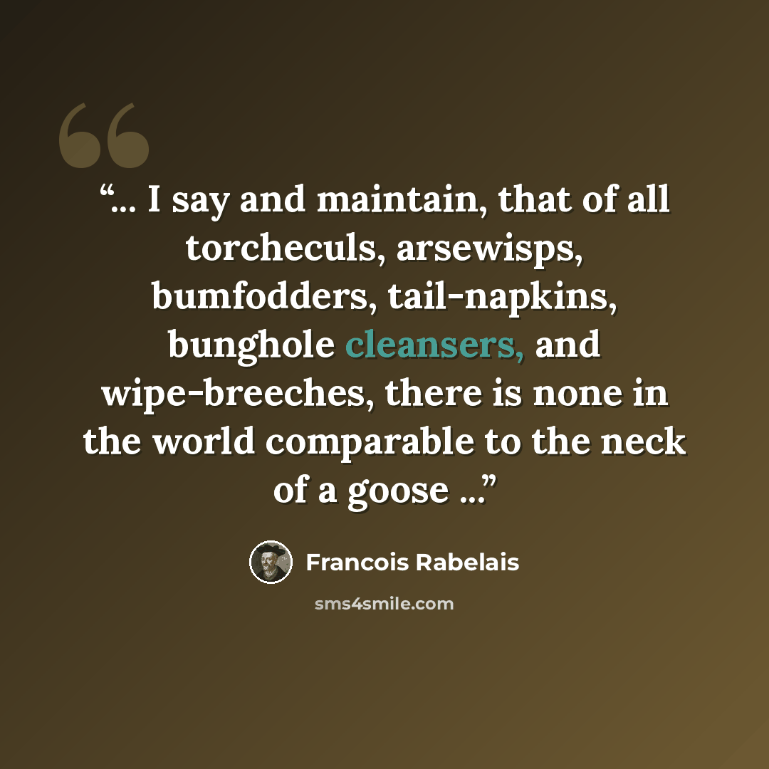 “... I say and maintain, that of all torcheculs, arsewisps, bumfodders, tail-napkins, bunghole cleansers, and wipe-breeches, there is none in the world comparable to the neck of a goose ...” quote by François Rabelais
