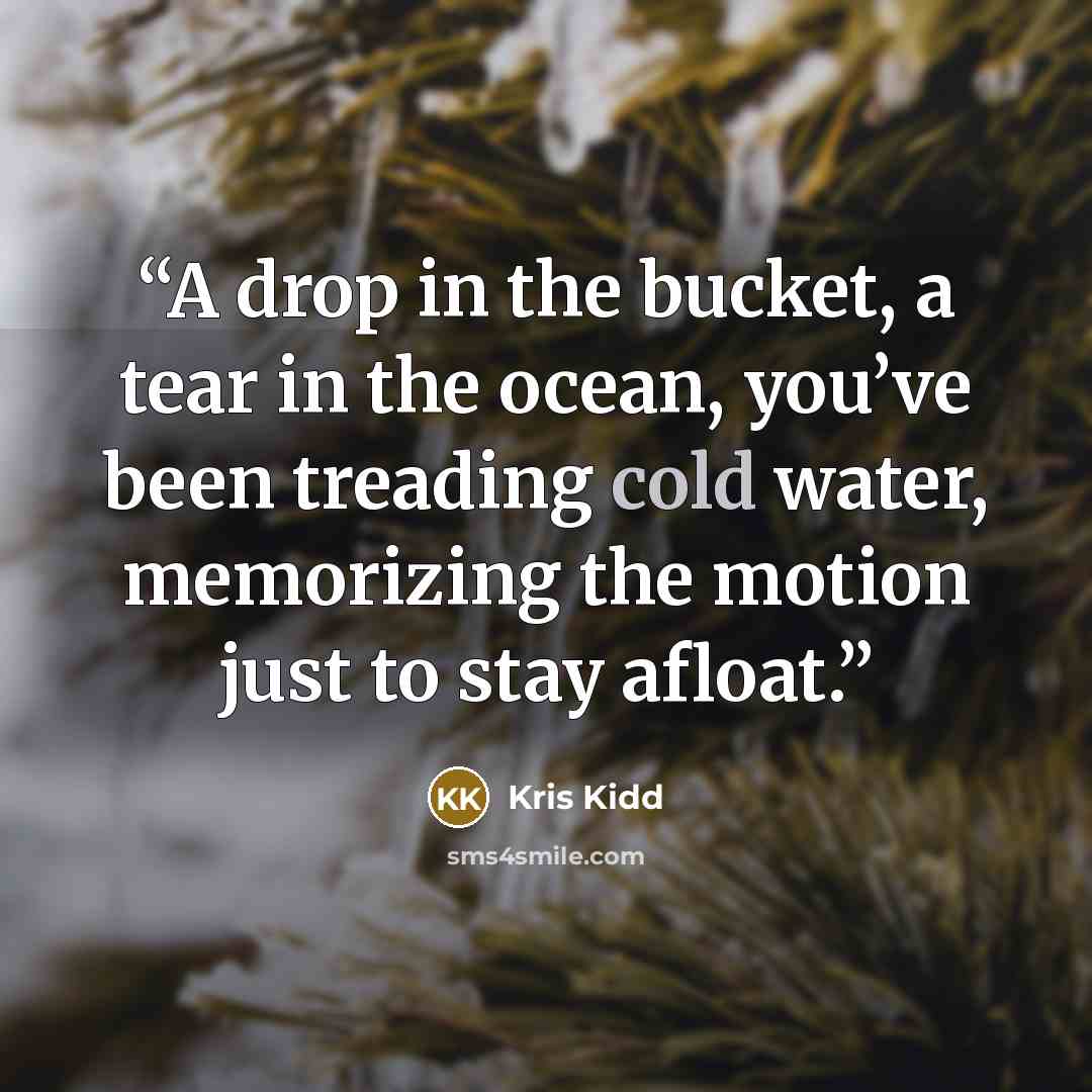 “A drop in the bucket, a tear in the ocean, you’ve been treading cold water, memorizing the motion just to stay afloat.” quote by Kris Kidd