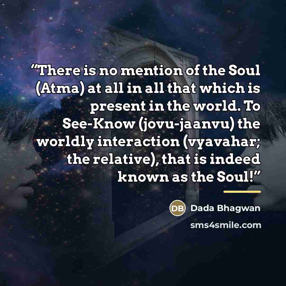 “There is no mention of the Soul (Atma) at all in all that which is present in the world. To See-Know (jovu-jaanvu) the worldly interaction (vyavahar; the relative), that is indeed known as the Soul!” quote by Dada Bhagwan