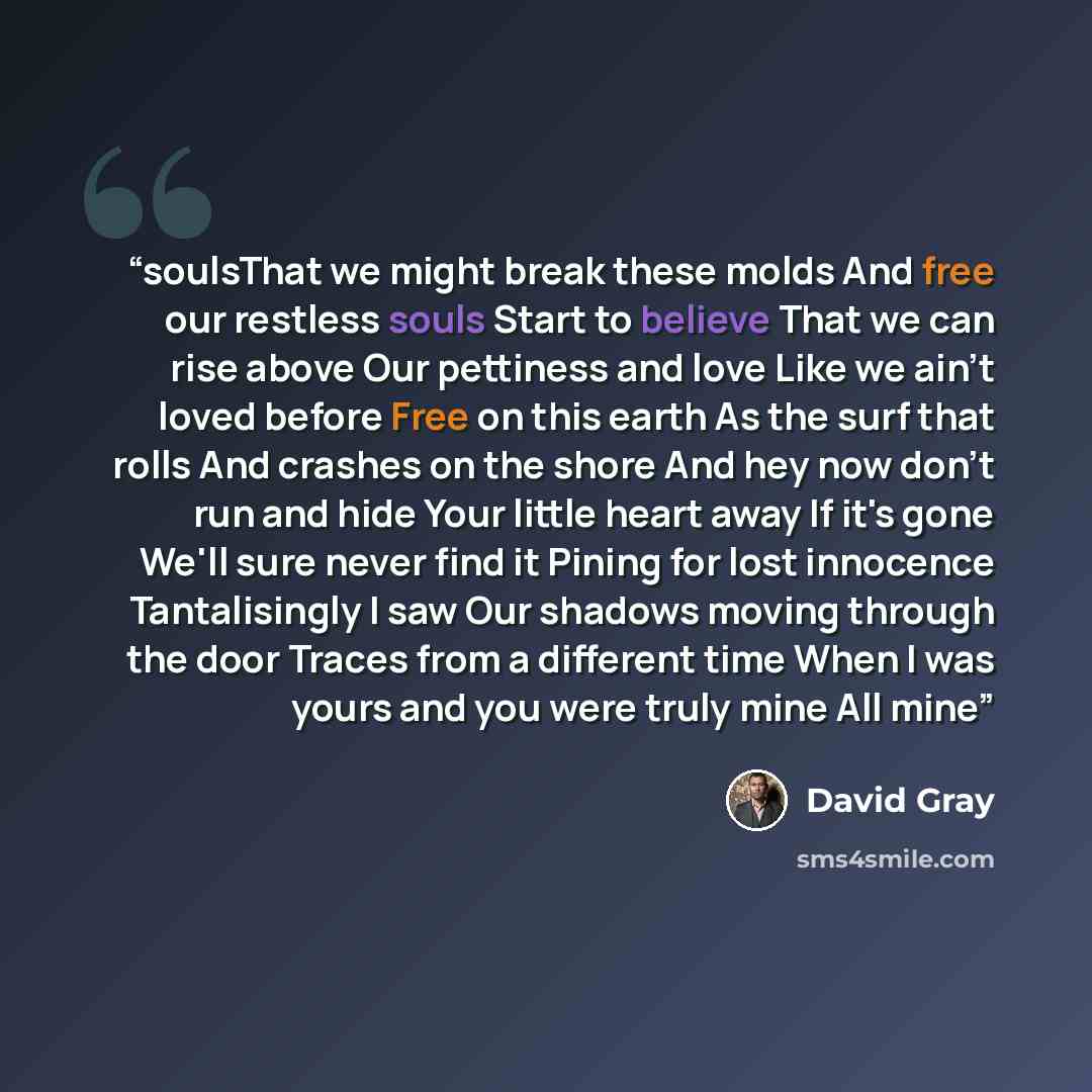 “soulsThat we might break these molds And free our restless souls Start to believe That we can rise above Our pettiness and love Like we ain't loved before Free on this earth As the surf that rolls And crashes on the shore And hey now don't run and hide Your little heart away If it's gone We'll…” quote by David Gray