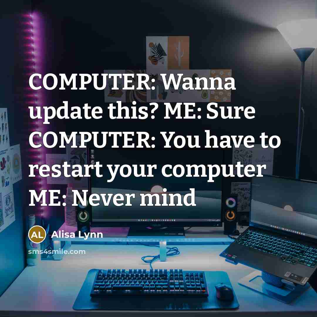 “COMPUTER: Wanna update this? ME: Sure COMPUTER: You have to restart your computer ME: Never mind” quote by Alisa Lynn