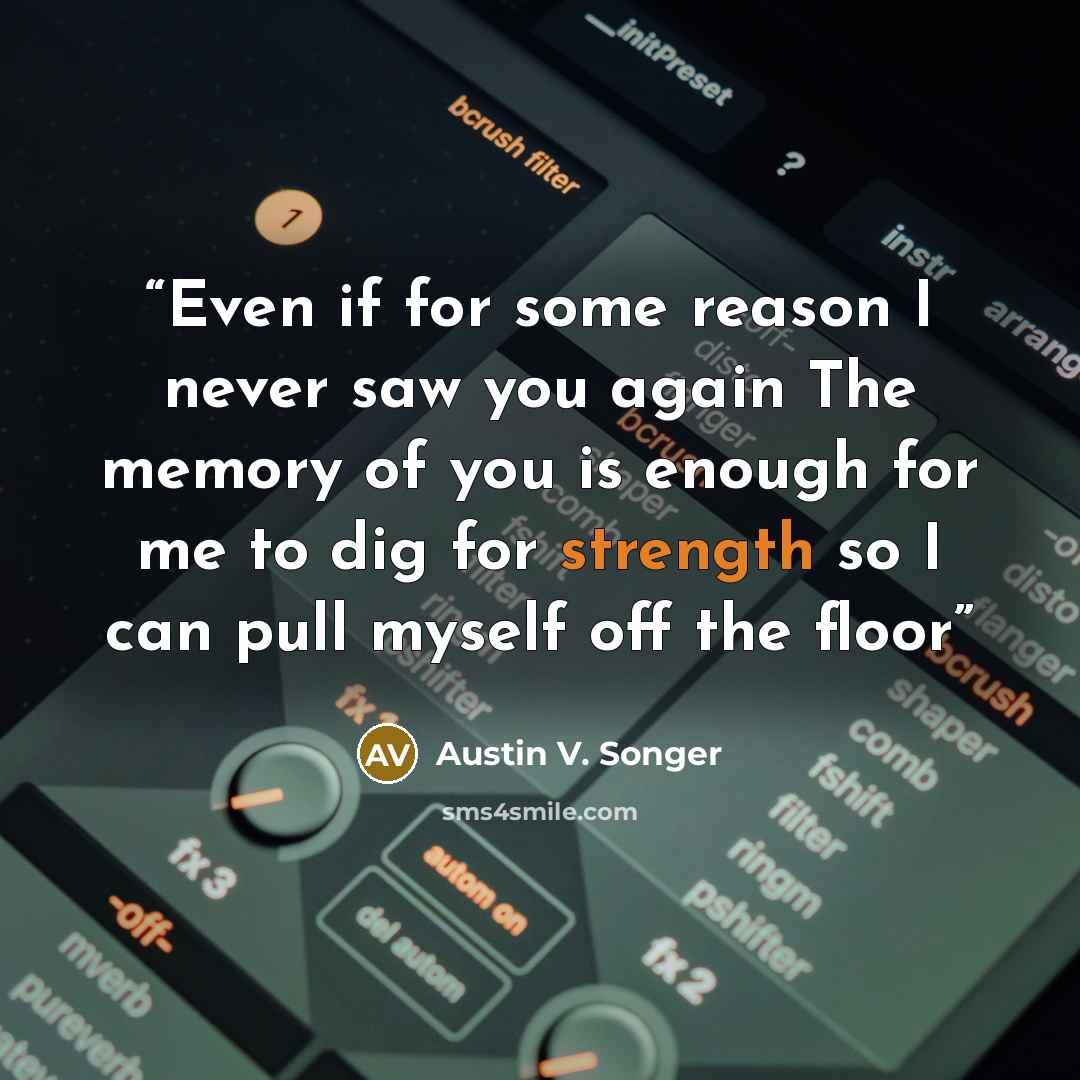 “Even if for some reason I never saw you again The memory of you is enough for me to dig for strength so I can pull myself off the floor” quote by Austin V. Songer