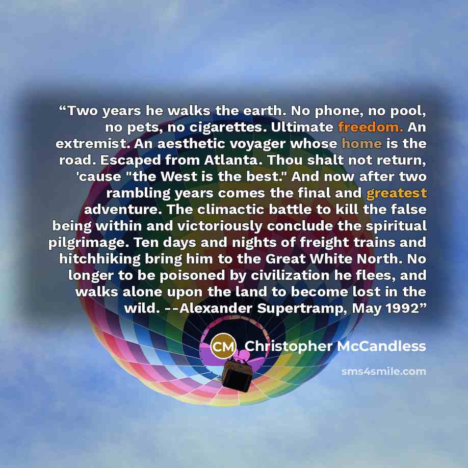 “Two years he walks the earth. No phone, no pool, no pets, no cigarettes. Ultimate freedom. An extremist. An aesthetic voyager whose home is the road. Escaped from Atlanta. Thou shalt not return, 'cause "the West is the best." And now after two rambling years comes the final and greatest adventure…” quote by Christopher McCandless
