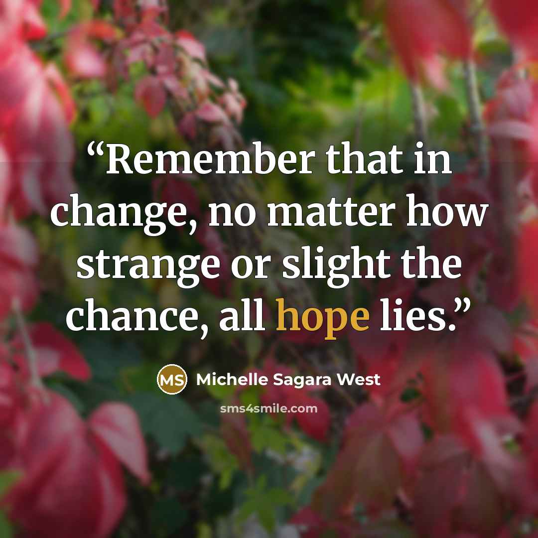 “Remember that in change, no matter how strange or slight the chance, all hope lies.” quote by Michelle Sagara West
