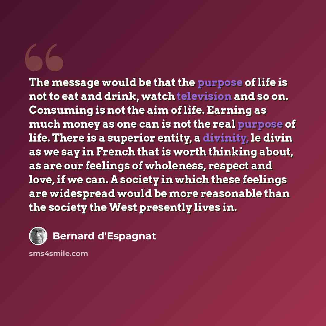“The message would be that the purpose of life is not to eat and drink, watch television and so on. Consuming is not the aim of life. Earning as much money as one can is not the real purpose of life. There is a superior entity, a divinity, le divin as we say in French that is worth thinking about…” quote by Bernard d'Espagnat