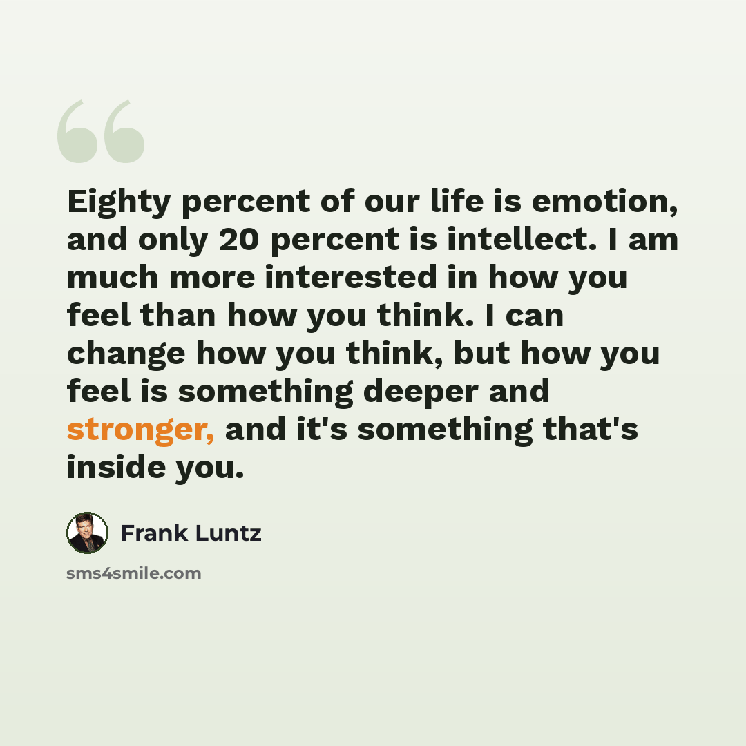“Eighty percent of our life is emotion, and only 20 percent is intellect. I am much more interested in how you feel than how you think. I can change how you think, but how you feel is something deeper and stronger, and it's something that's inside you.” quote by Frank Luntz