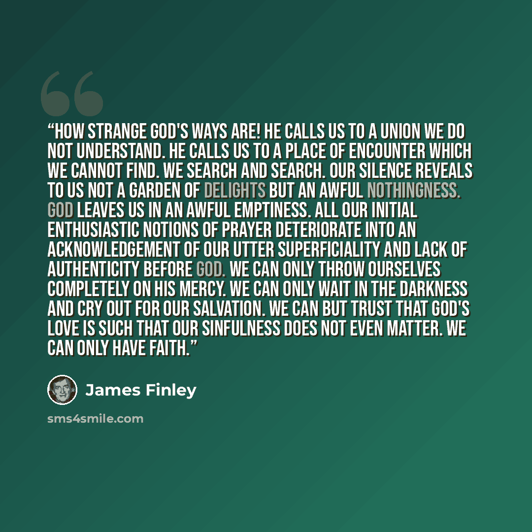 “How strange God's ways are! He calls us to a union we do not understand. He calls us to a place of encounter which we cannot find. We search and search. Our silence reveals to us not a garden of delights but an awful nothingness. God leaves us in an awful emptiness. All our initial enthusiastic…” quote by James Finley