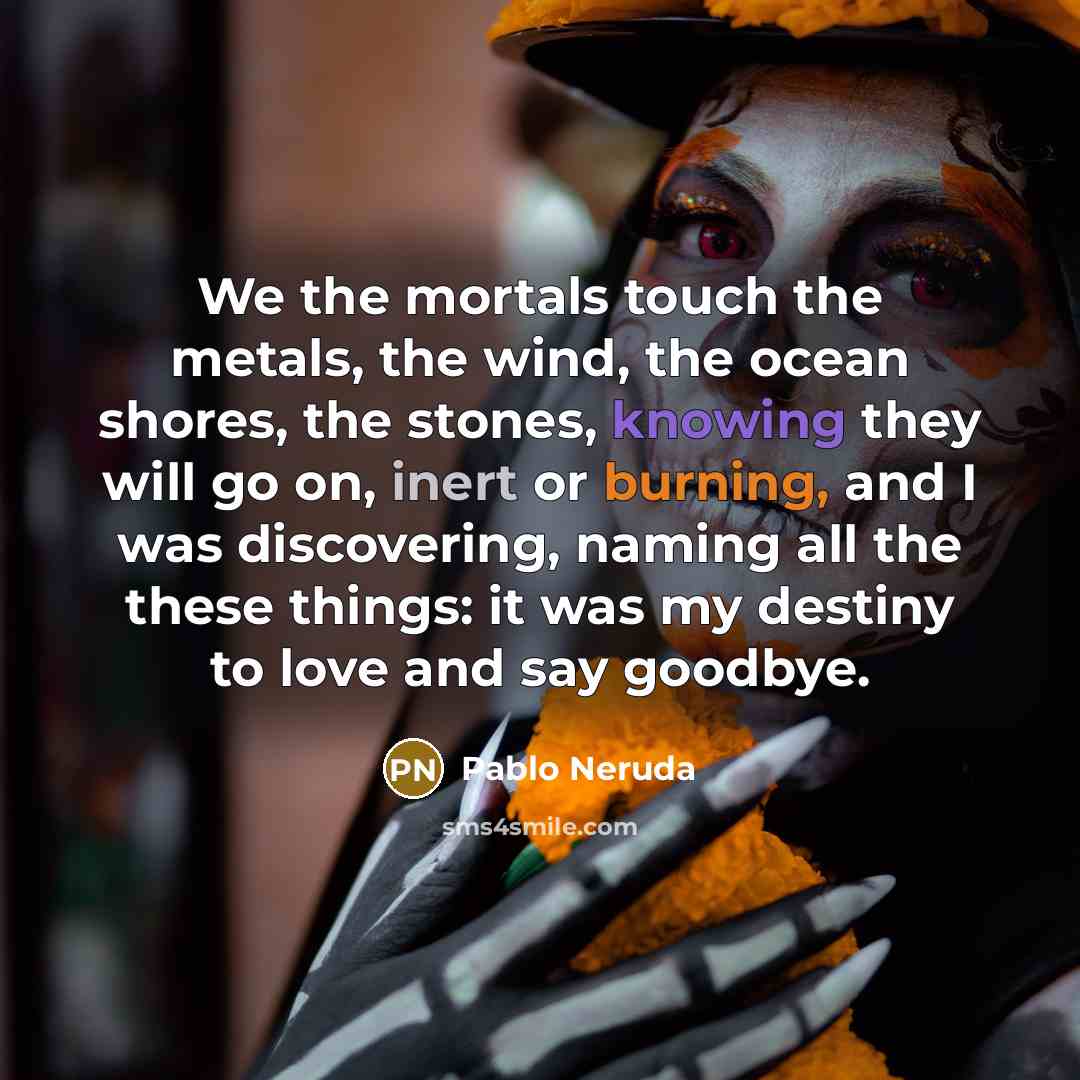 “We the mortals touch the metals, the wind, the ocean shores, the stones, knowing they will go on, inert or burning, and I was discovering, naming all the these things: it was my destiny to love and say goodbye.” quote by Pablo Neruda
