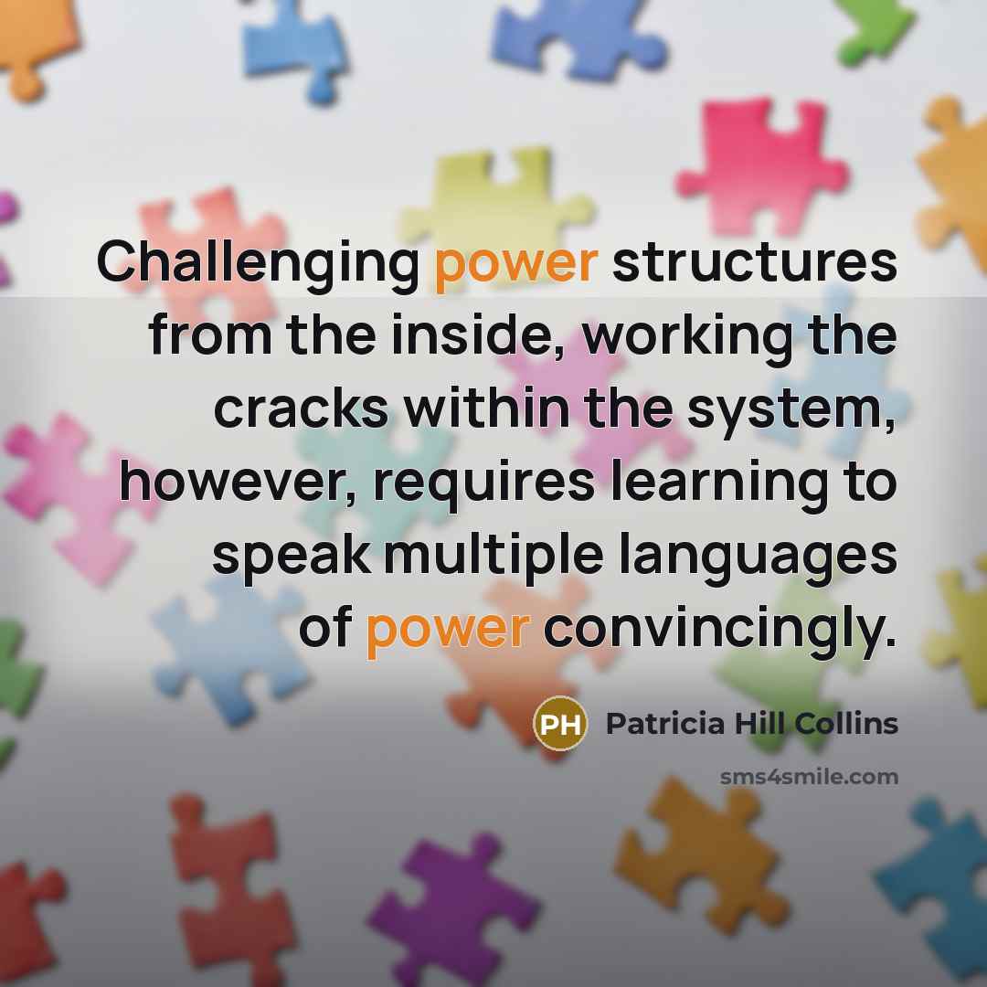 “Challenging power structures from the inside, working the cracks within the system, however, requires learning to speak multiple languages of power convincingly.” quote by Patricia Hill Collins