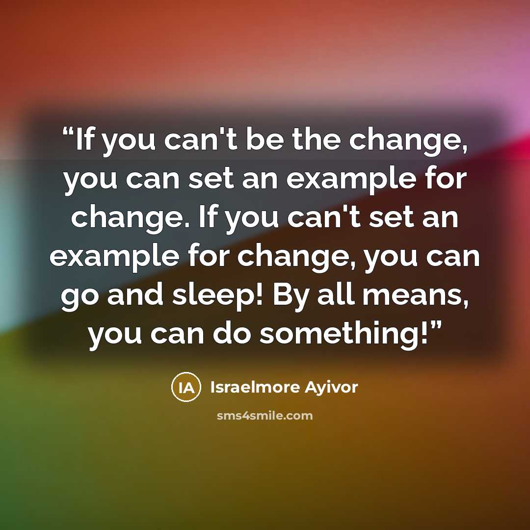 “If you can't be the change, you can set an example for change. If you can't set an example for change, you can go and sleep! By all means, you can do something!” quote by Israelmore Ayivor