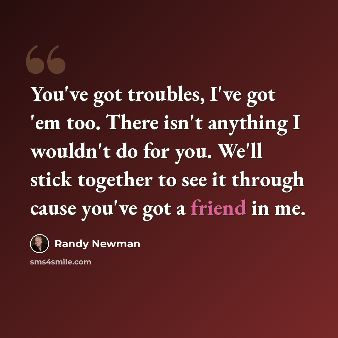 “You've got troubles, I've got 'em too. There isn't anything I wouldn't do for you. We'll stick together to see it through cause you've got a friend in me.” quote by Randy Newman