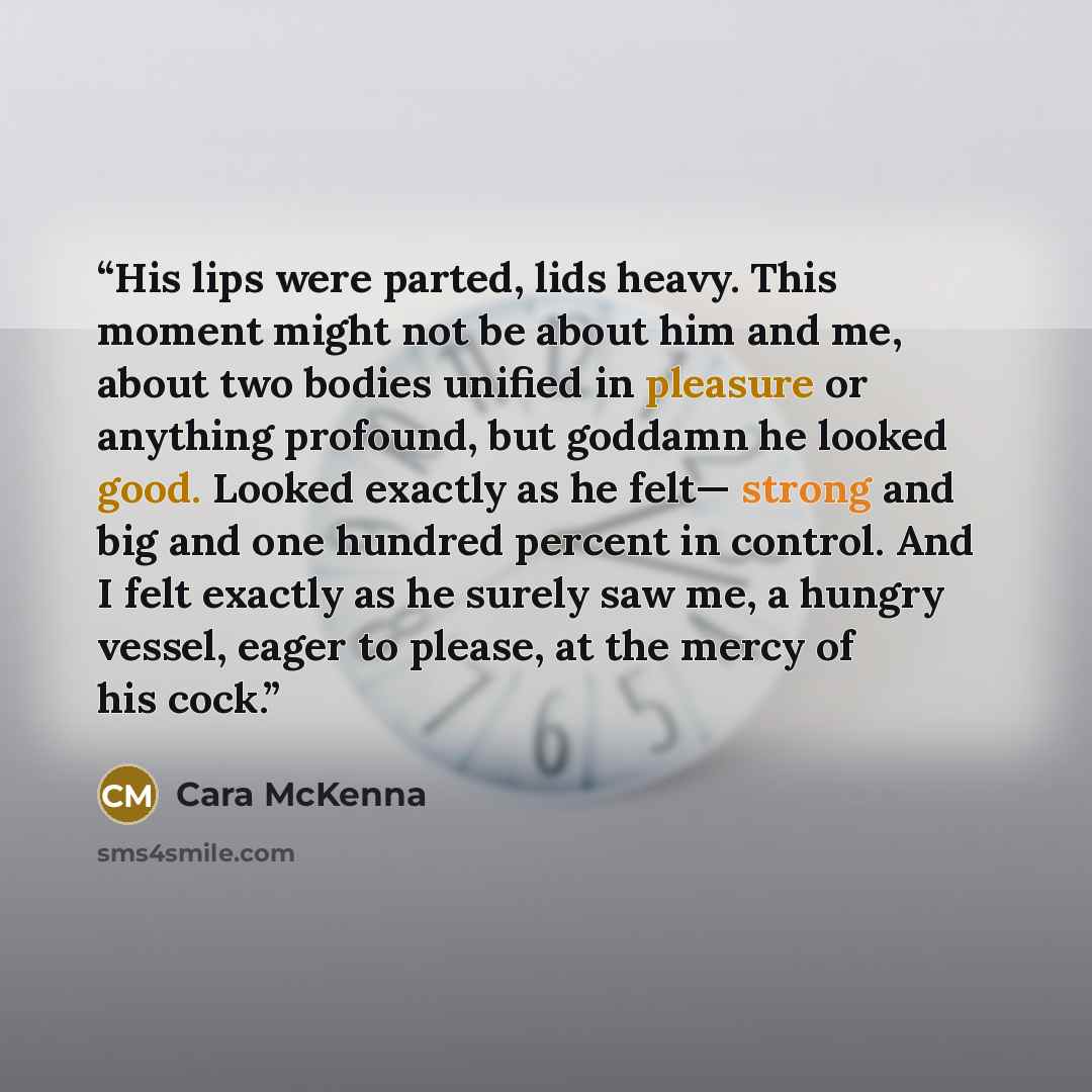 “His lips were parted, lids heavy. This moment might not be about him and me, about two bodies unified in pleasure or anything profound, but goddamn he looked good. Looked exactly as he felt— strong and big and one hundred percent in control. And I felt exactly as he surely saw me, a hungry vessel…” quote by Cara McKenna