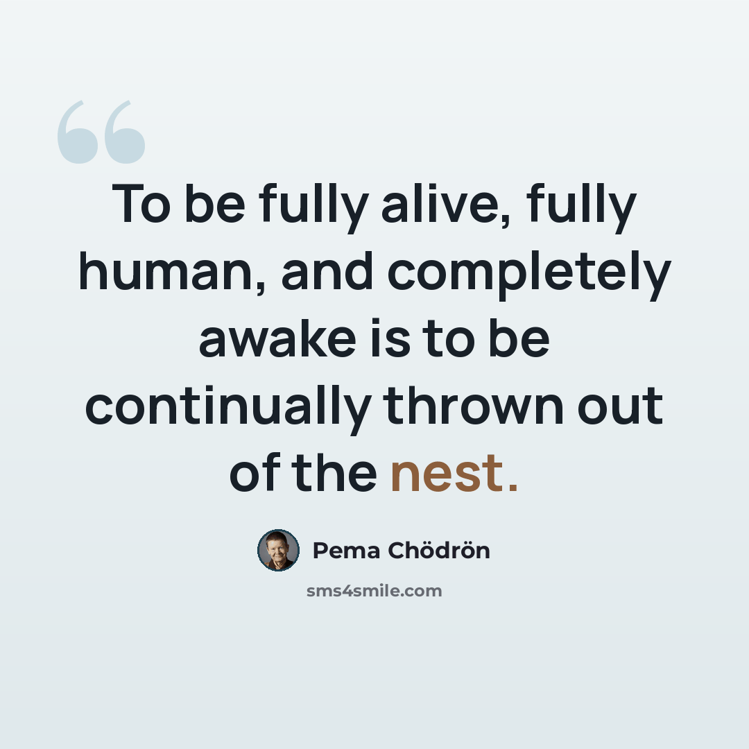 “To be fully alive, fully human, and completely awake is to be continually thrown out of the nest.” quote by Pema Chodron