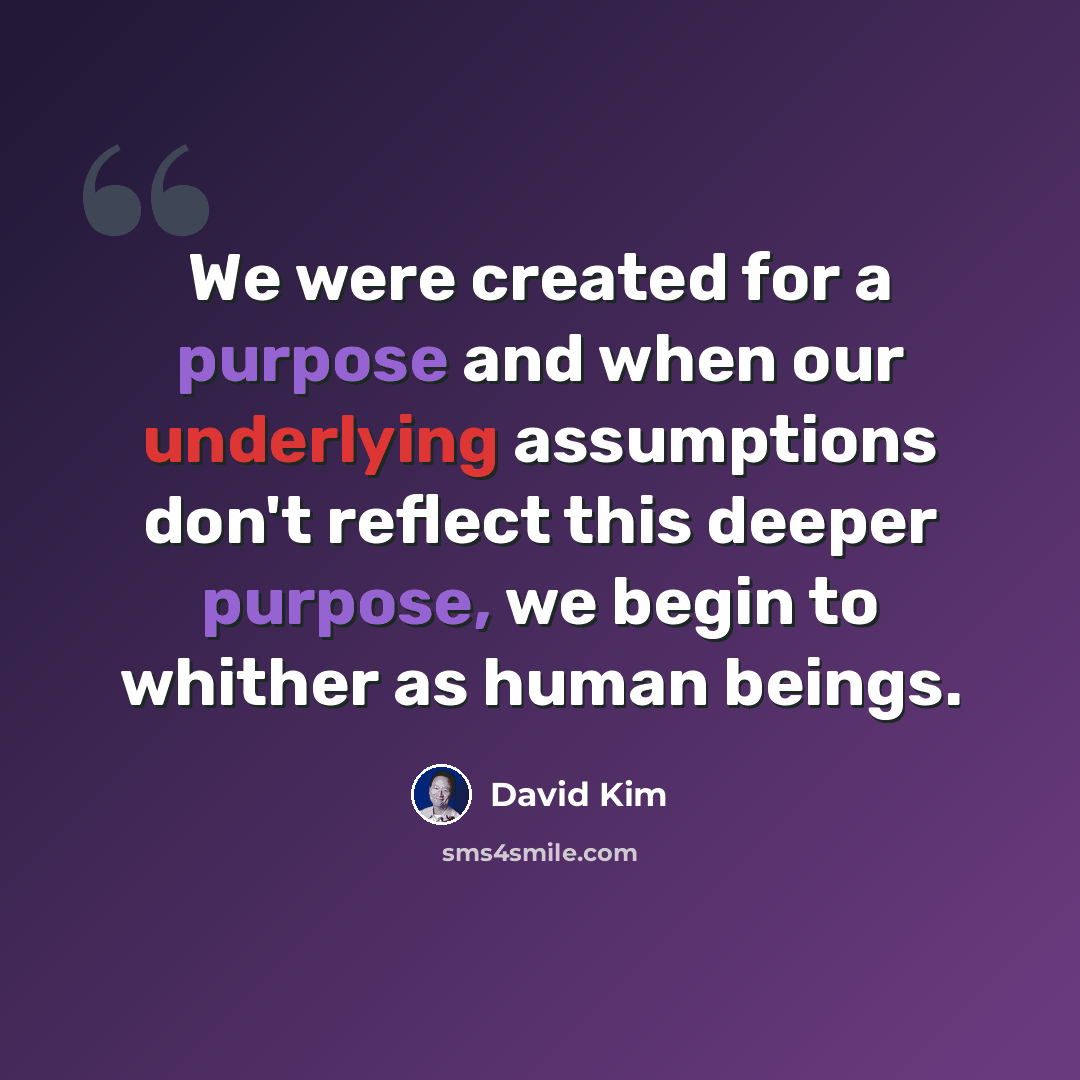 “We were created for a purpose and when our underlying assumptions don't reflect this deeper purpose, we begin to whither as human beings.” quote by David Kim