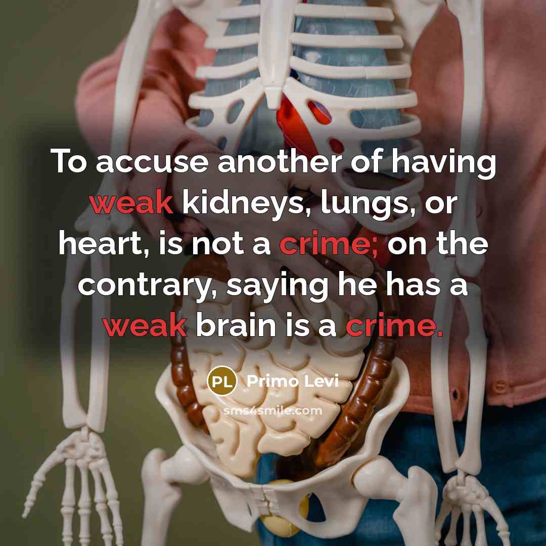 “To accuse another of having weak kidneys, lungs, or heart, is not a crime; on the contrary, saying he has a weak brain is a crime.” quote by Primo Levi