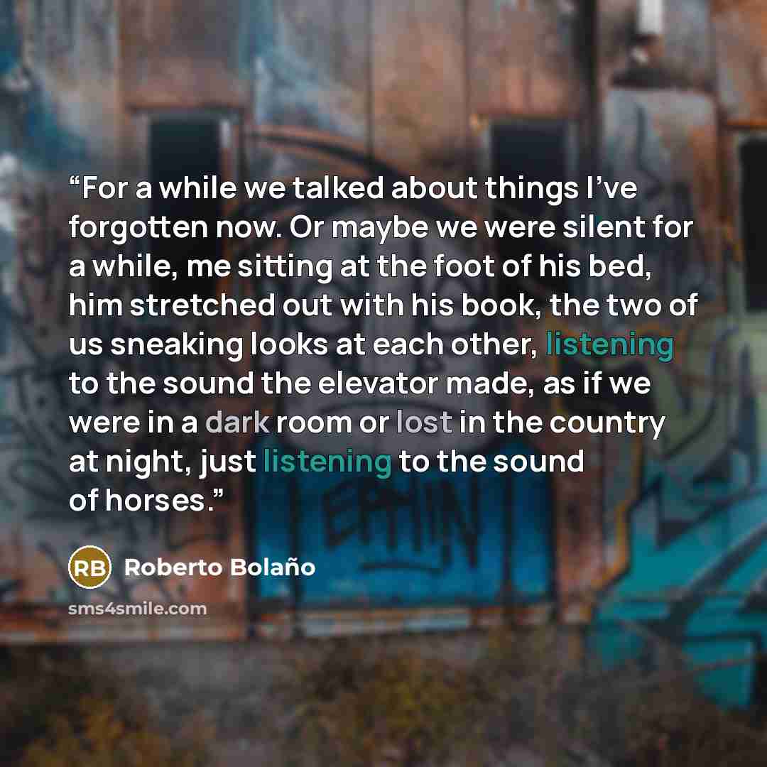 “For a while we talked about things I've forgotten now. Or maybe we were silent for a while, me sitting at the foot of his bed, him stretched out with his book, the two of us sneaking looks at each other, listening to the sound the elevator made, as if we were in a dark room or lost in the country…” quote by Roberto Bolaño