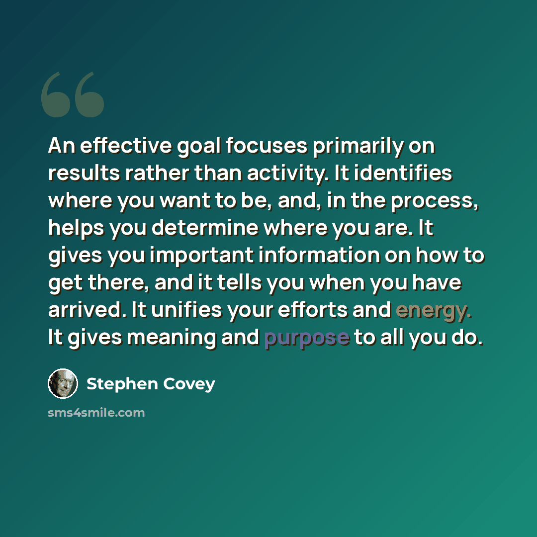 “An effective goal focuses primarily on results rather than activity. It identifies where you want to be, and, in the process, helps you determine where you are. It gives you important information on how to get there, and it tells you when you have arrived. It unifies your efforts and energy. It…” quote by Stephen Covey
