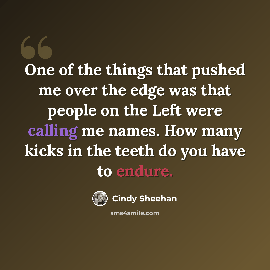 “One of the things that pushed me over the edge was that people on the Left were calling me names. How many kicks in the teeth do you have to endure.” quote by Cindy Sheehan