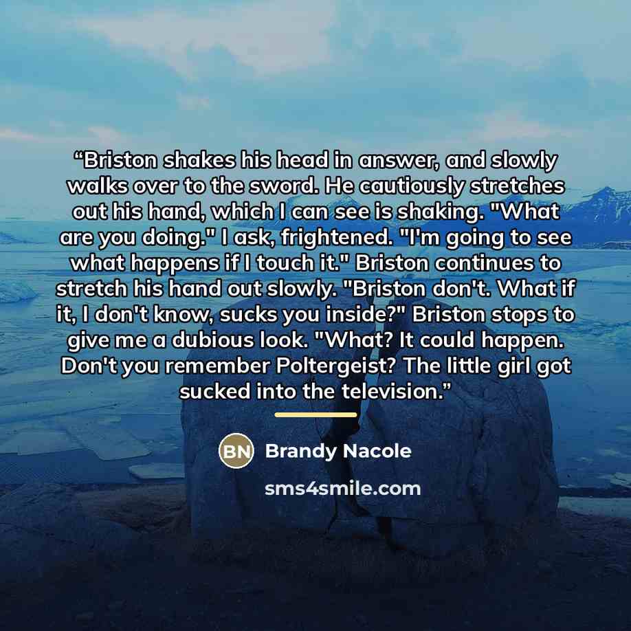 “Briston shakes his head in answer, and slowly walks over to the sword. He cautiously stretches out his hand, which I can see is shaking. "What are you doing." I ask, frightened. "I'm going to see what happens if I touch it." Briston continues to stretch his hand out slowly. "Briston don't. What if…” quote by Brandy Nacole