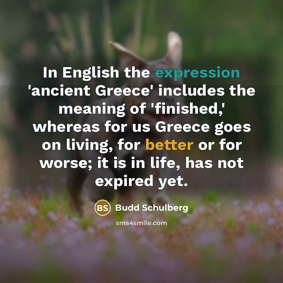 “In English the expression 'ancient Greece' includes the meaning of 'finished,' whereas for us Greece goes on living, for better or for worse; it is in life, has not expired yet.” quote by Budd Schulberg