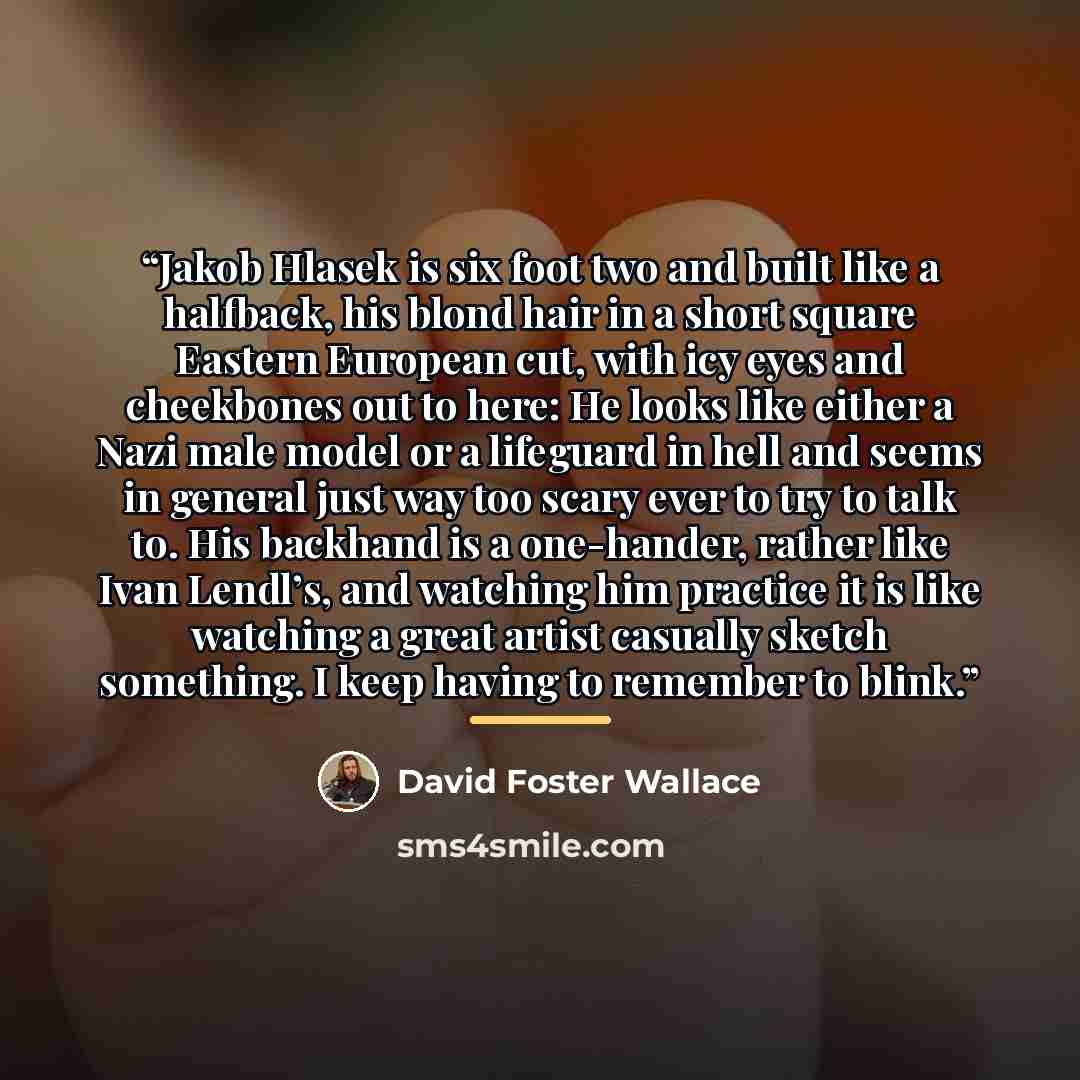 “Jakob Hlasek is six foot two and built like a halfback, his blond hair in a short square Eastern European cut, with icy eyes and cheekbones out to here: He looks like either a Nazi male model or a lifeguard in hell and seems in general just way too scary ever to try to talk to. His backhand is a…” quote by David Foster Wallace