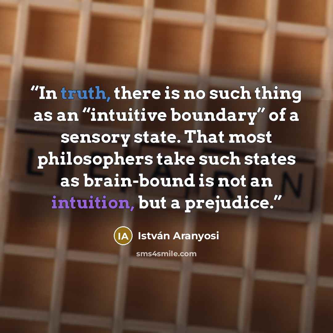 “In truth, there is no such thing as an “intuitive boundary” of a sensory state. That most philosophers take such states as brain-bound is not an intuition, but a prejudice.” quote by István Aranyosi