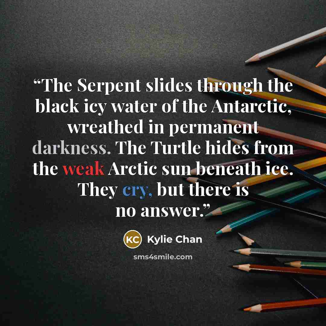 “The Serpent slides through the black icy water of the Antarctic, wreathed in permanent darkness. The Turtle hides from the weak Arctic sun beneath ice. They cry, but there is no answer.” quote by Kylie Chan