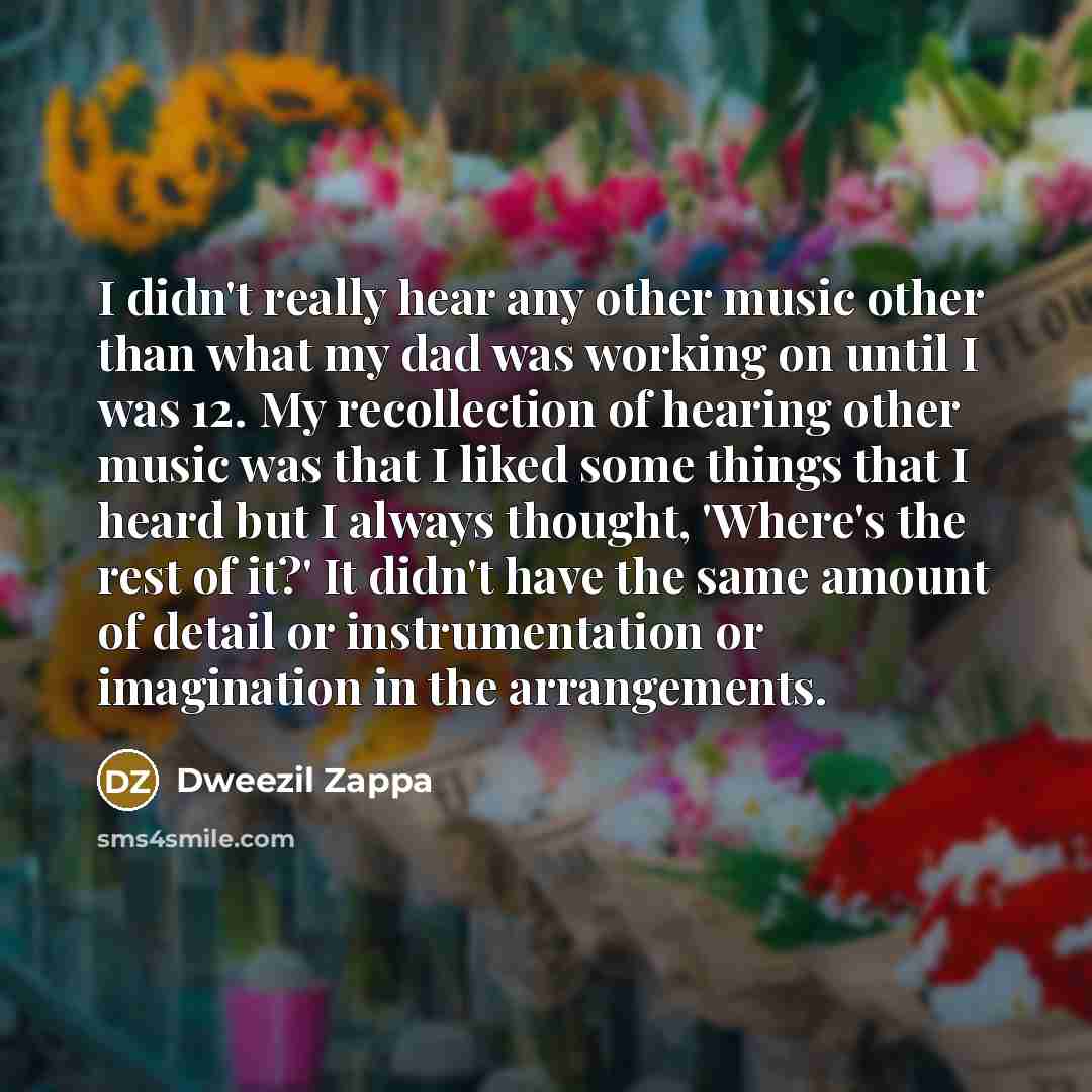 “I didn't really hear any other music other than what my dad was working on until I was 12. My recollection of hearing other music was that I liked some things that I heard but I always thought, 'Where's the rest of it?' It didn't have the same amount of detail or instrumentation or imagination in…” quote by Dweezil Zappa