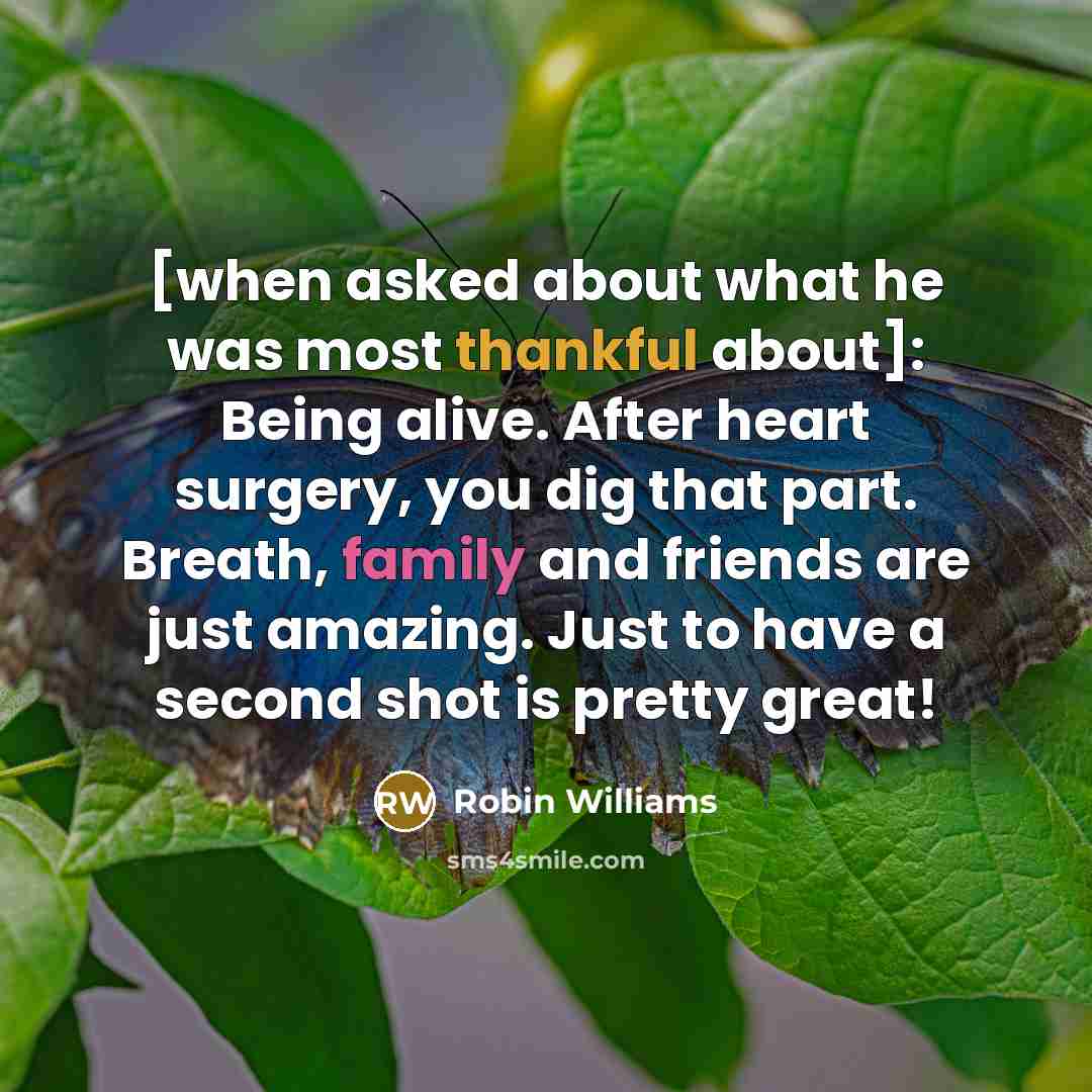 “[when asked about what he was most thankful about]: Being alive. After heart surgery, you dig that part. Breath, family and friends are just amazing. Just to have a second shot is pretty great!” quote by Robin Williams