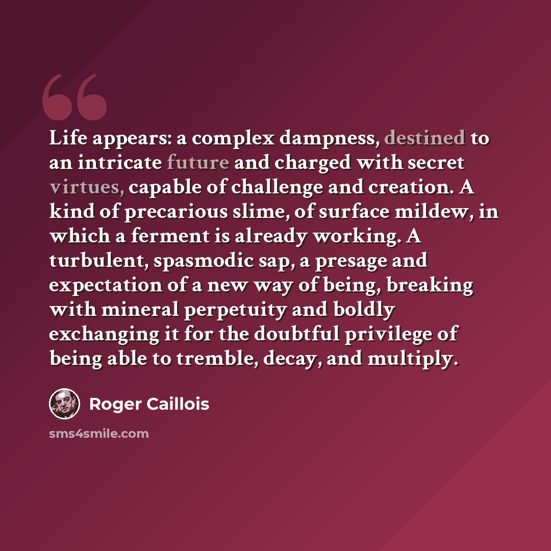 “Life appears: a complex dampness, destined to an intricate future and charged with secret virtues, capable of challenge and creation. A kind of precarious slime, of surface mildew, in which a ferment is already working. A turbulent, spasmodic sap, a presage and expectation of a new way of being…” quote by Roger Caillois
