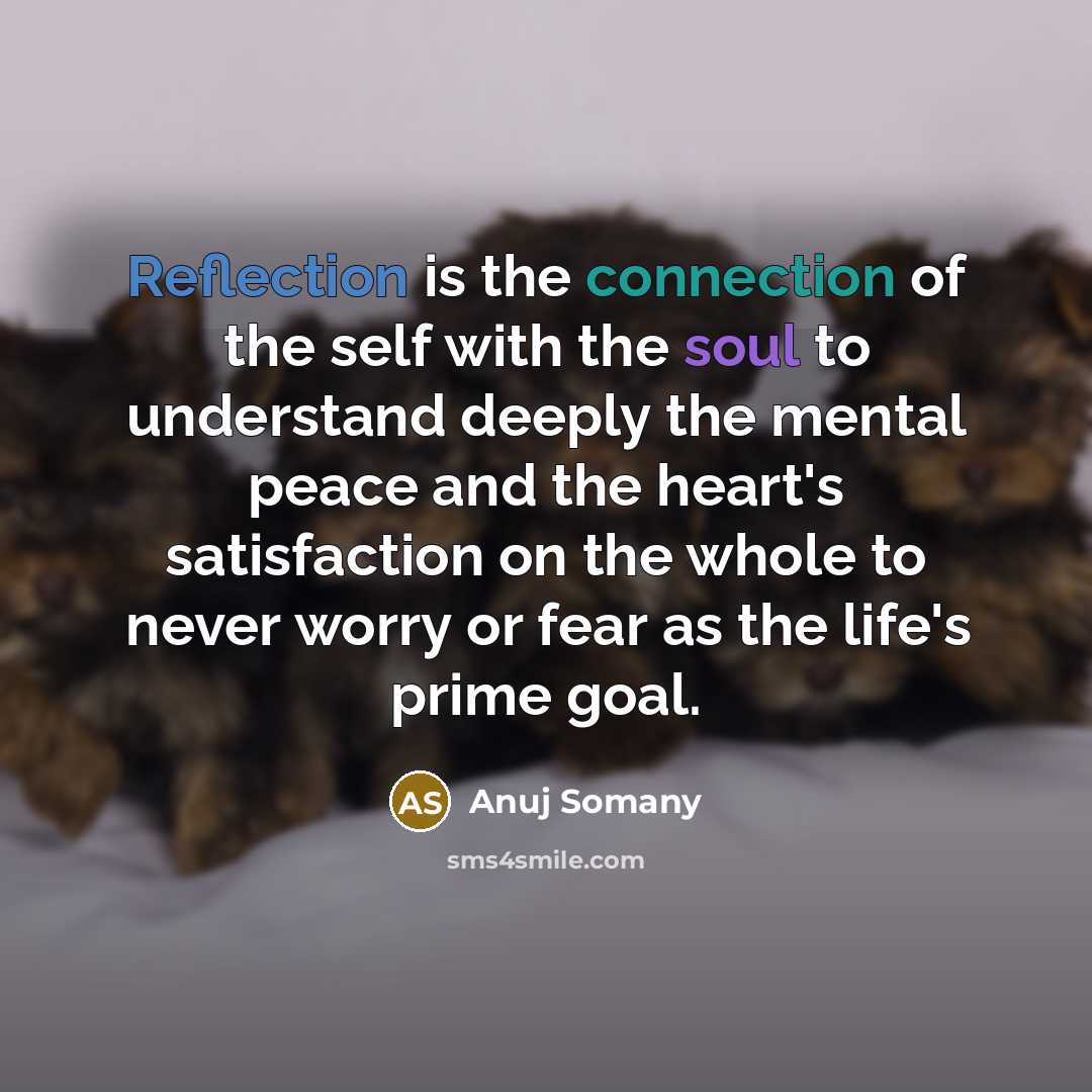 “Reflection is the connection of the self with the soul to understand deeply the mental peace and the heart's satisfaction on the whole to never worry or fear as the life's prime goal.” quote by Anuj Somany