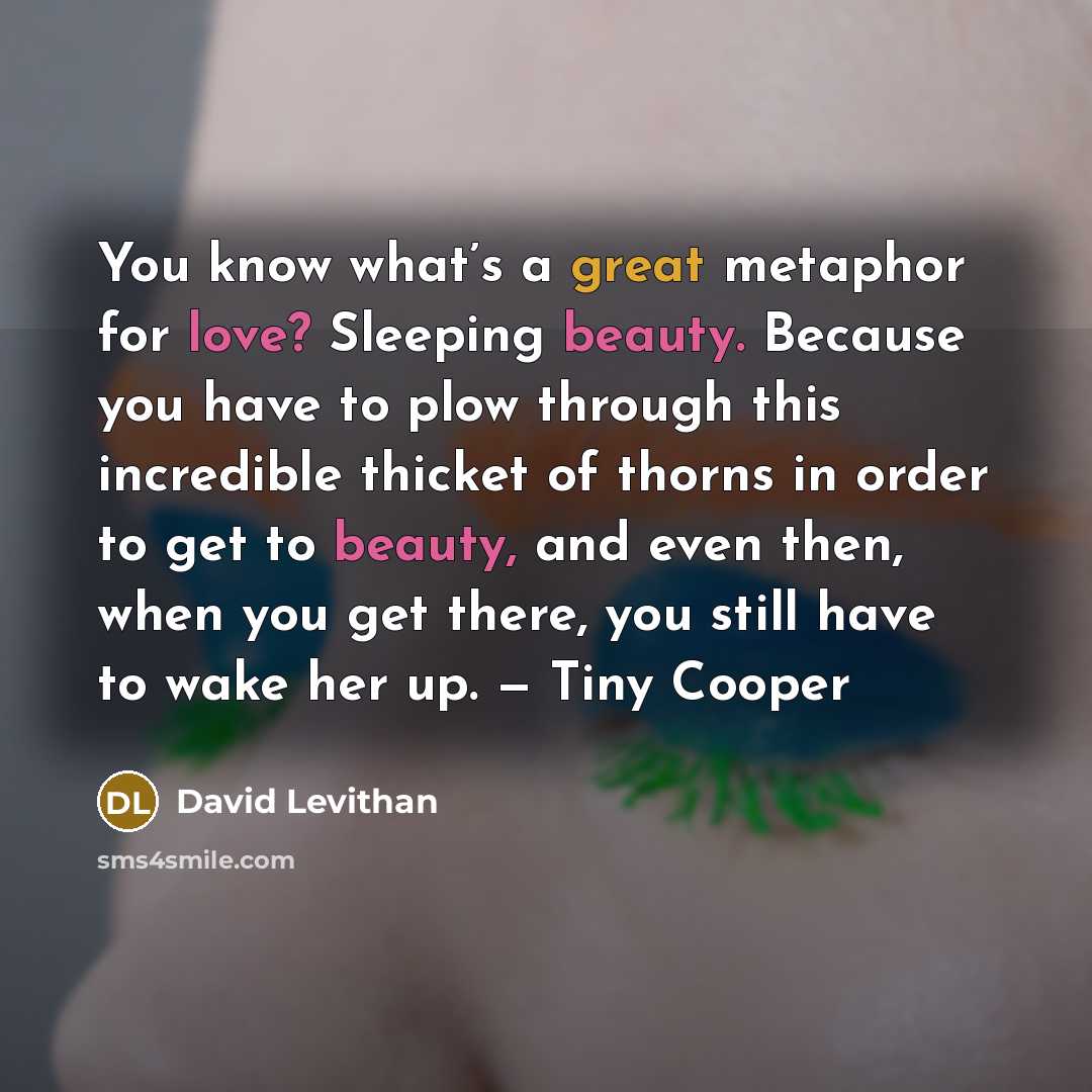 “You know what’s a great metaphor for love? Sleeping beauty. Because you have to plow through this incredible thicket of thorns in order to get to beauty, and even then, when you get there, you still have to wake her up. — Tiny Cooper” quote by David Levithan