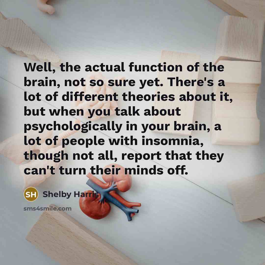 “Well, the actual function of the brain, not so sure yet. There's a lot of different theories about it, but when you talk about psychologically in your brain, a lot of people with insomnia, though not all, report that they can't turn their minds off.” quote by Shelby Harris