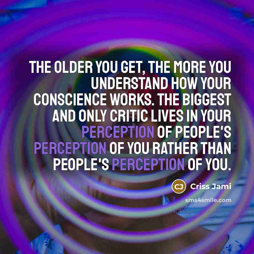 “The older you get, the more you understand how your conscience works. The biggest and only critic lives in your perception of people's perception of you rather than people's perception of you.” quote by Criss Jami