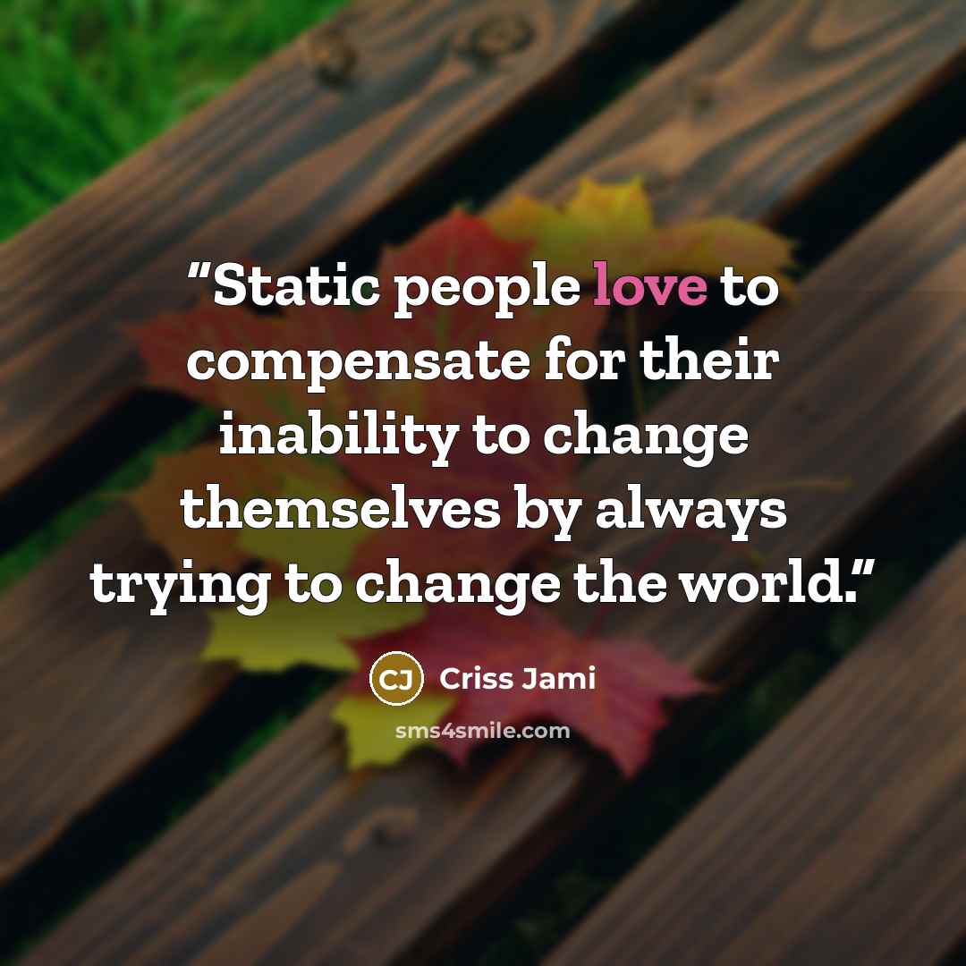 “Static people love to compensate for their inability to change themselves by always trying to change the world.” quote by Criss Jami