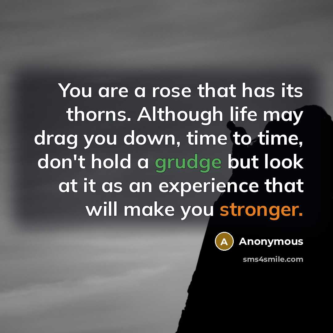 “You are a rose that has its thorns. Although life may drag you down, time to time, don't hold a grudge but look at it as an experience that will make you stronger.” quote by Anonymous