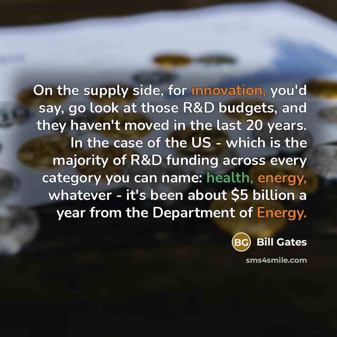 “On the supply side, for innovation, you'd say, go look at those R&D budgets, and they haven't moved in the last 20 years. In the case of the US - which is the majority of R&D funding across every category you can name: health, energy, whatever - it's been about $5 billion a year from the…” quote by Bill Gates
